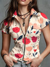 Floral patterned regular fit shirt with stand collar zipper and denim styling