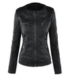 Chic hooded faux leather jacket for women in black, perfect for autumn and winter with a stylish zip-up design and functional