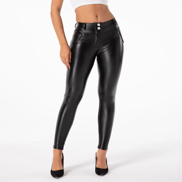 Side view of skinny black leggings, emphasizing the ankle-length cut and flattering fit.