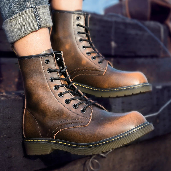 Stylish high-top leather boots with cushioned insoles for comfort.
