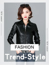 Chic women's sheepskin leather jacket with zippered front, turn-down collar, and pockets for stylish autumn layering.