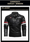 Stylish Men's PU Leather Biker Jacket in red, dark blue, and black with embroidery, perfect for winter and casual outings.