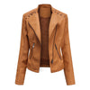 Women's slim fit PU leather motorcycle jacket in black, windproof, durable, perfect for spring and autumn riding styles.