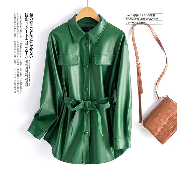 Chic women's sheepskin leather jacket with turn-down collar, lace-up belt, and adjustable waist for a stylish fit.