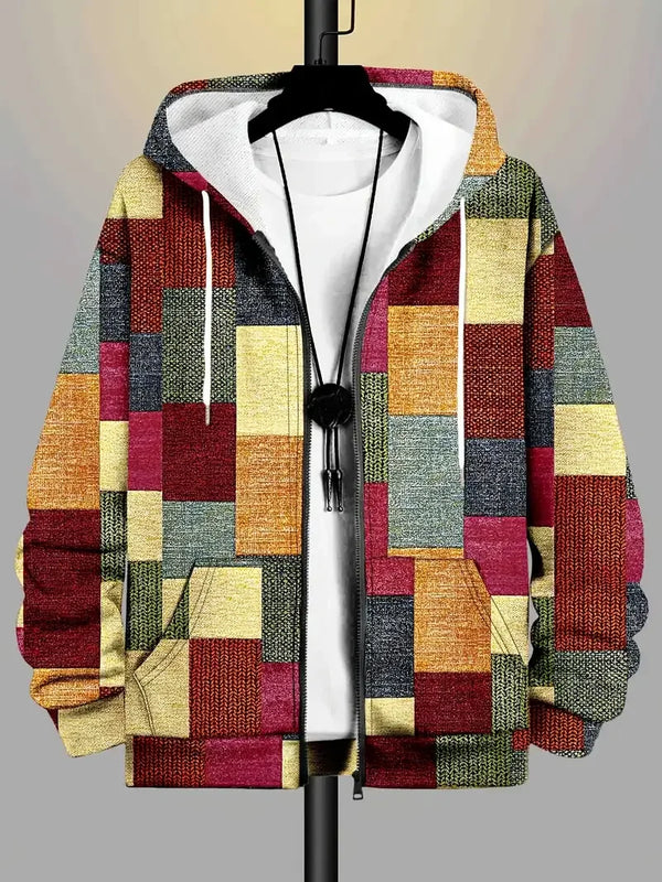 Close-up of plaid patchwork hoodie showing unique vintage pattern arrangement and zip front