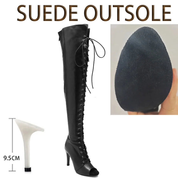 Runway-style peep toe stiletto boots extending above the knee with side zip