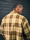 Men's yellow plaid polyester shirt with traditional checkered pattern and single-breasted closure