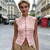 Classic fit black lace crop top with frog buttons perfect for high-waisted styling