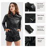 Chic women's slim leather biker jacket with zip detail, stand-up collar, and tailored fit for a stylish urban look.