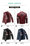 Stylish Men's PU Leather Biker Jacket in red, black, and dark blue with embroidery, perfect for winter and casual outings.