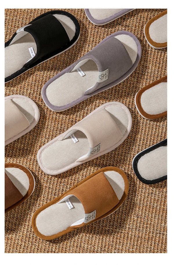 Close-up of foot in linen slipper showing natural positioning and comfort
