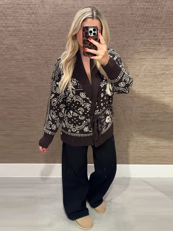 Woman wearing Fair Isle print cardigan with adjustable tie waist and regular fit