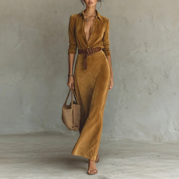 Autumn Whispers suede dress in rich brown with a classy shirt collar and belted waist.