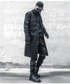 Men's black long trench coat with multi pockets, gothic punk design, perfect for autumn and spring streetwear fashion.