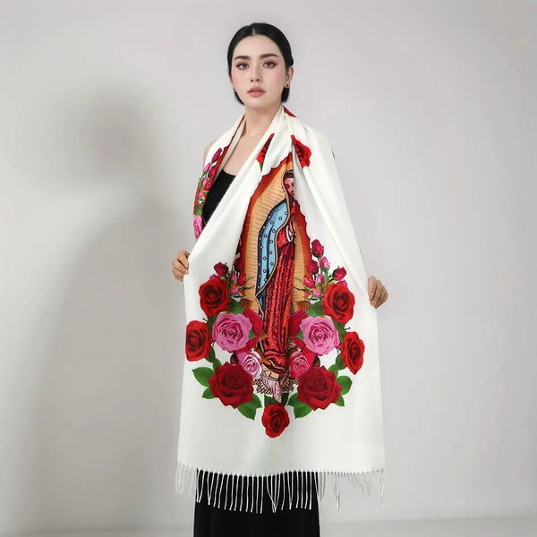 Soft and flowing Guadalupe scarf, a beautiful accessory for winter warmth and spiritual expression.