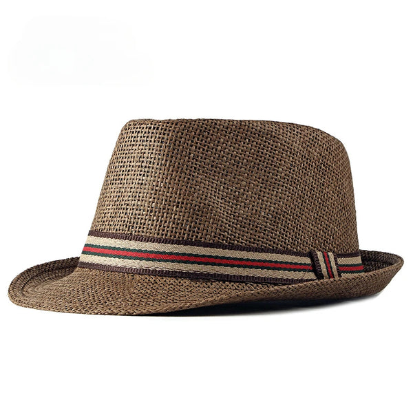 Classic straw fedora, enhancing summer looks with elegance.