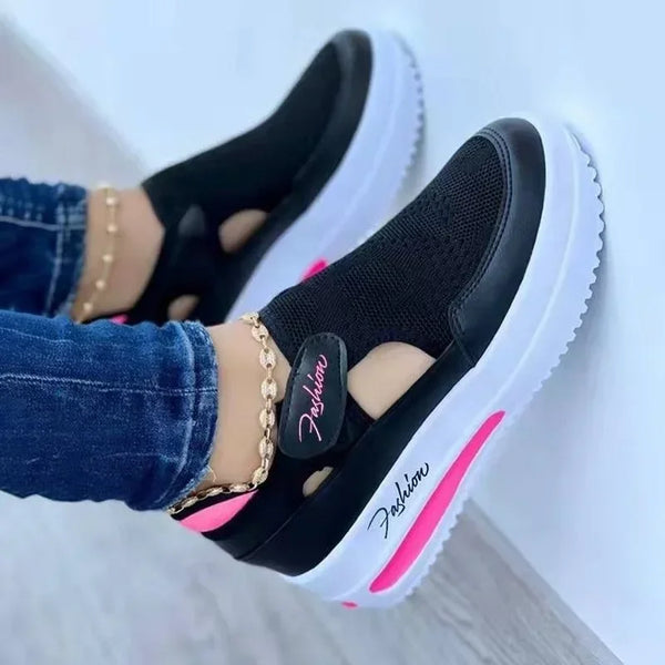 Comfortable mesh platform sneakers for women in white with adjustable lacing system