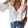 Elegant Boho Lace V-Neck Blouse for women, featuring delicate lace, relaxed fit, and lightweight fabric for casual sophistica