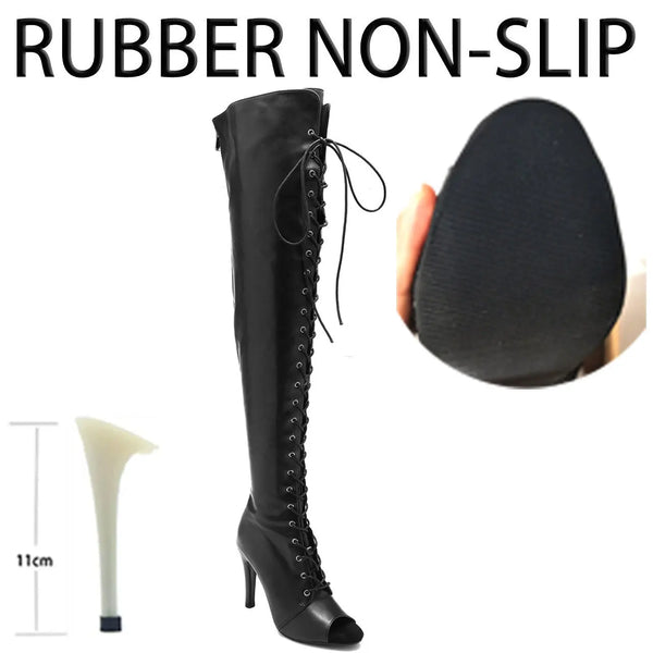 Thigh-high dance boots with peep toe opening and sleek side zipper closure
