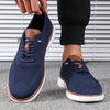 Gray knitted walking shoes for men with breathable mesh upper and white rubber sole