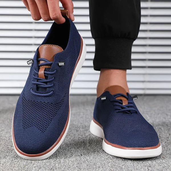 Gray knitted walking shoes for men with breathable mesh upper and white rubber sole