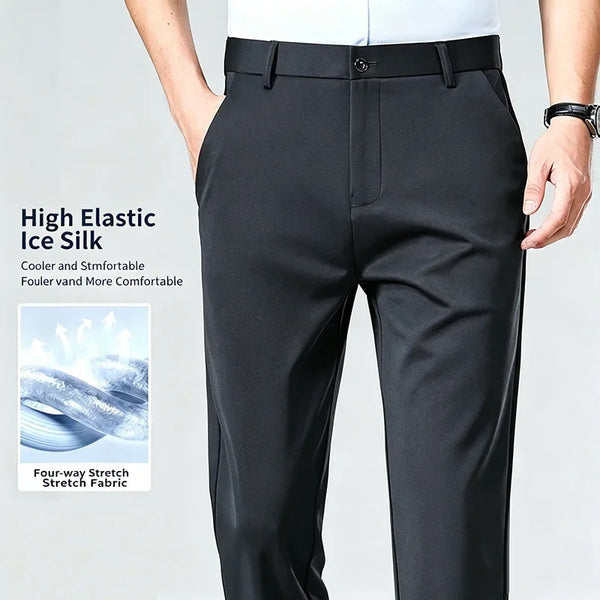 Slim-fit dress pants in black maintaining shape and structure throughout workday