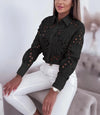 Chic women's hollowed-out long sleeve blouse in lightweight polyester, perfect for office wear or casual outings.