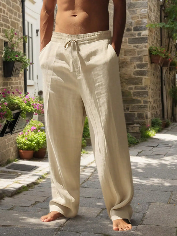 Effortless wide leg linen trousers with drawstring waist in neutral khaki