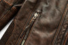 Premium men's leather biker jacket in rich brown with stand collar, crafted from durable first-layer calfskin leather.
