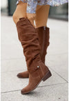 Vintage suede knee-high boots with low square heel and side zipper, perfect for autumn and winter fashion.