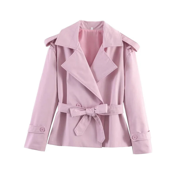Belted Short Trench Coat with Double-Breasted Detail