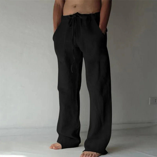 Unisex linen cotton trousers with drawstring waist and elegant wide-leg drape
