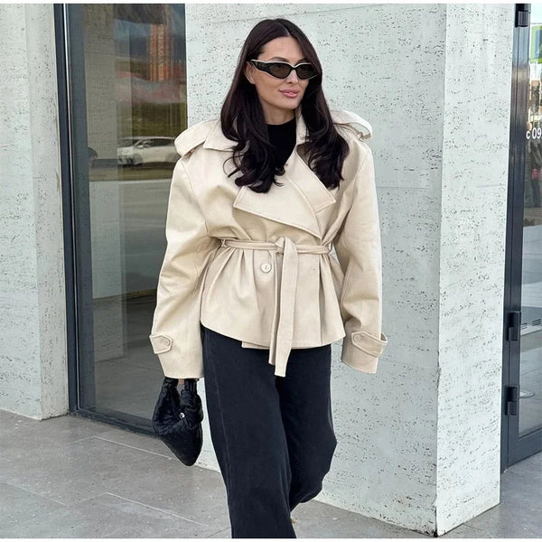 Polyester short trench coat with classic double-breasted styling