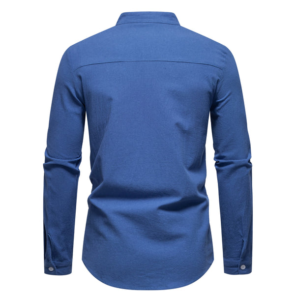 Men's single-breasted cotton shirt with modern stand collar in timeless solid design