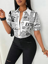 Chic Newspaper Print Blouse with V-neck and short sleeves, perfect for casual or office wear, made from durable polyester.