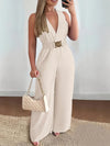 Black one-piece jumpsuit with sophisticated V-neckline and flowing legs