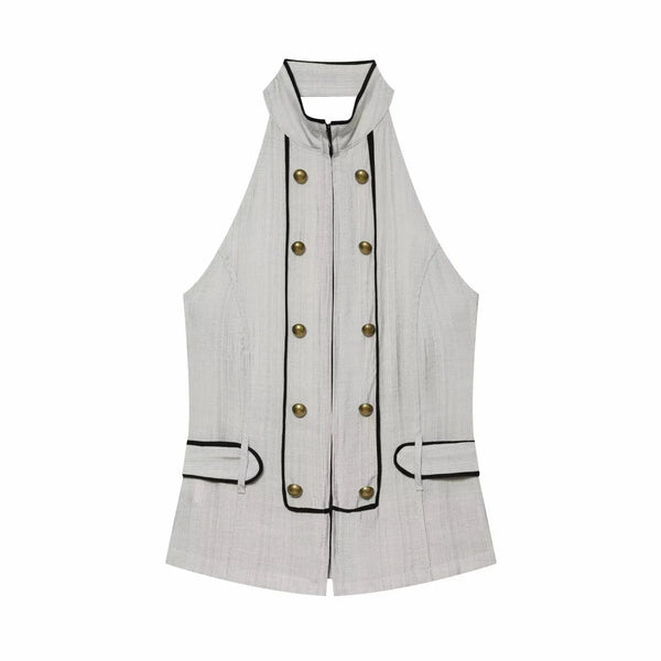 Versatile halter top in woven polyester with elegant draping and smooth hand-feel