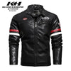 Stylish Men's PU Leather Biker Jacket in red, black, and dark blue with embroidery, perfect for winter and casual outings.