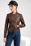Women's slim fit PU leather motorcycle jacket in black, windproof, durable, perfect for spring and autumn riding styles.