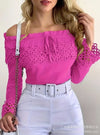 Off-shoulder lace frill hem blouse for women, featuring guipure lace and breathable polyester for casual elegance.