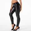 Model wearing high-waist faux leather leggings, highlighting the butt-lifting and hip-enhancing features.