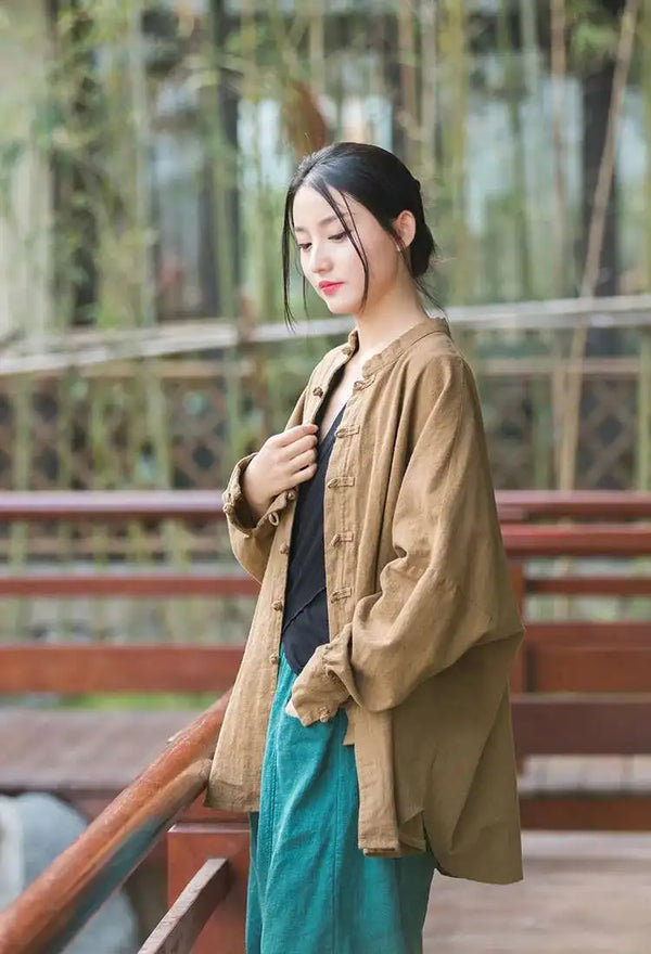 Regular length stand collar coat in premium cotton-linen blend fabric