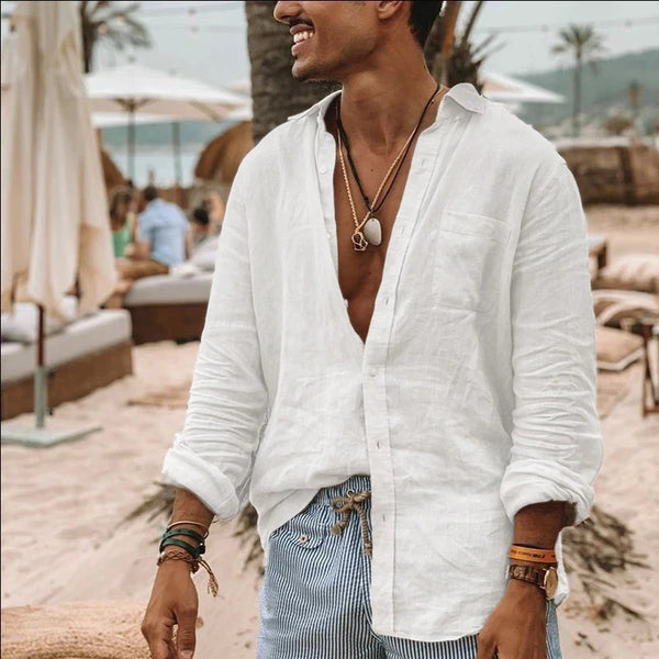 Premium natural linen shirt in oversized cut offering effortless style and comfort for modern men