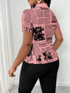 Chic Newspaper Print Blouse featuring a V-neck and short sleeves, perfect for casual or office wear in summer.