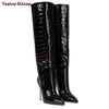 Close-up of the luxurious suede texture on stiletto boots.