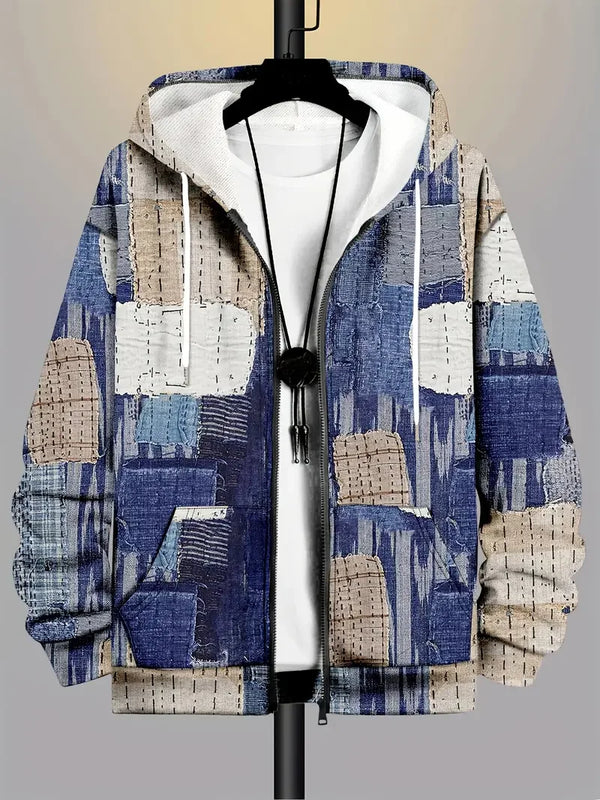 Vintage-inspired patchwork hoodie featuring mixed plaid patterns and full-length zipper