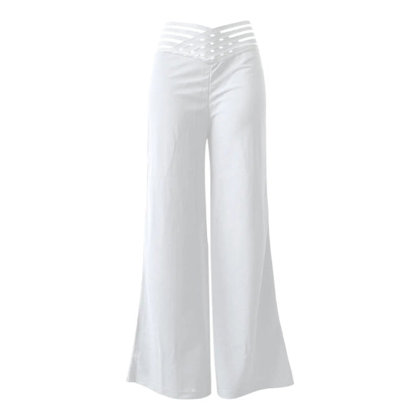 Elegant high-waist flared trousers for women with crisscross sheer mesh patch, perfect for office and casual wear.