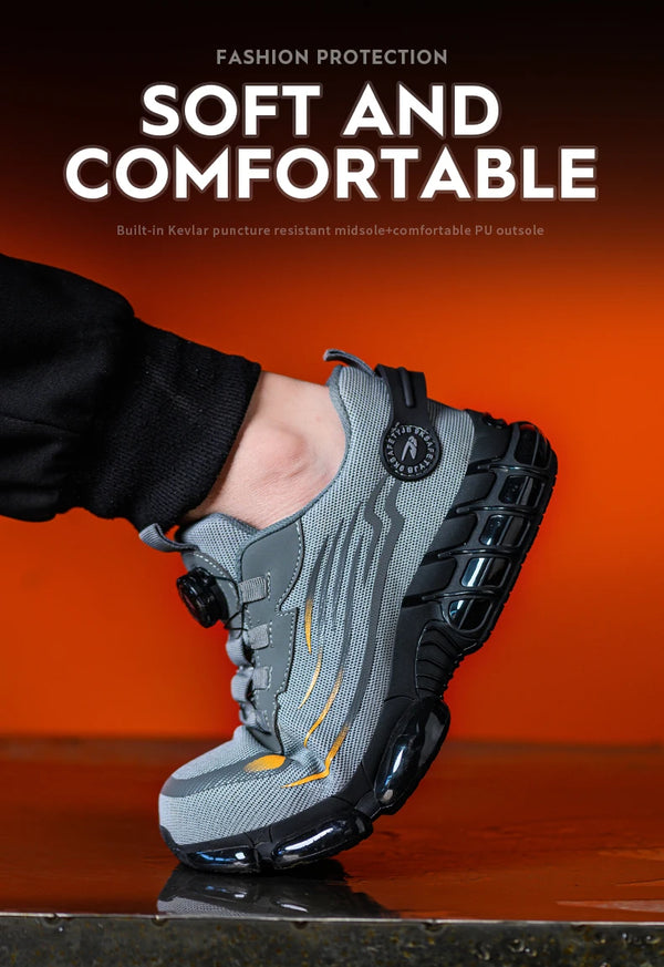 Work boots with anti-compression steel toe and innovative rotating button adjustment system