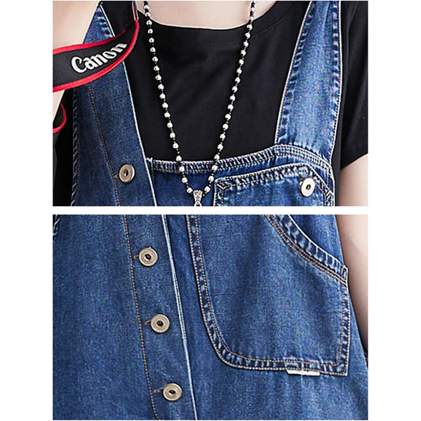 Side angle of streetwear denim jumpsuit showing relaxed fit and adjustable suspender straps