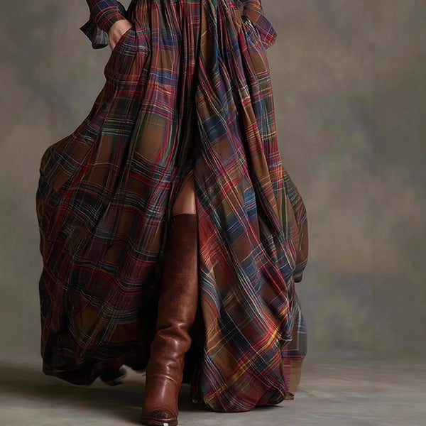 Close-up of the button front design on the Autumn Whispers Plaid Maxi, showcasing its sophisticated style.